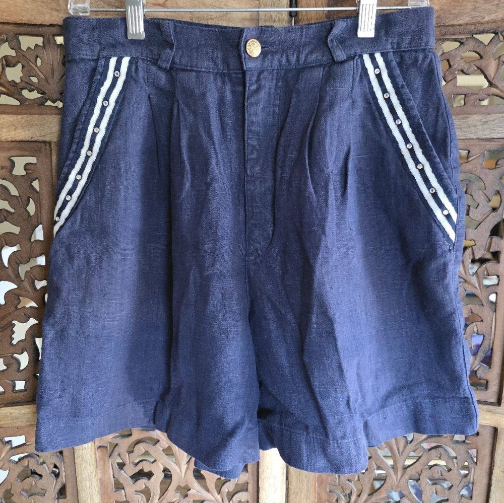Cache Navy Blue Linen Shorts with Striped Pockets